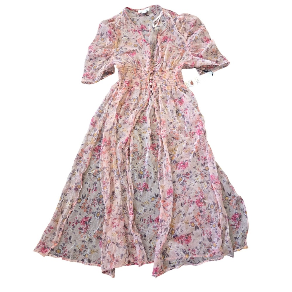 L.I.F.E. Floral Maxi Dress Sheer V-Neck Smocked Waist‎ Slits Size XL